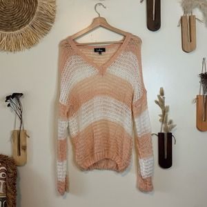 Lulus Cute as Can Be Oversized Pink & White Striped V-Neck Knit Sweater Size M